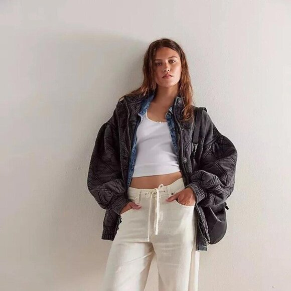 Free People Juno Quilted Jacket Top Bomber Oversized Buttondown Cotton M 276347